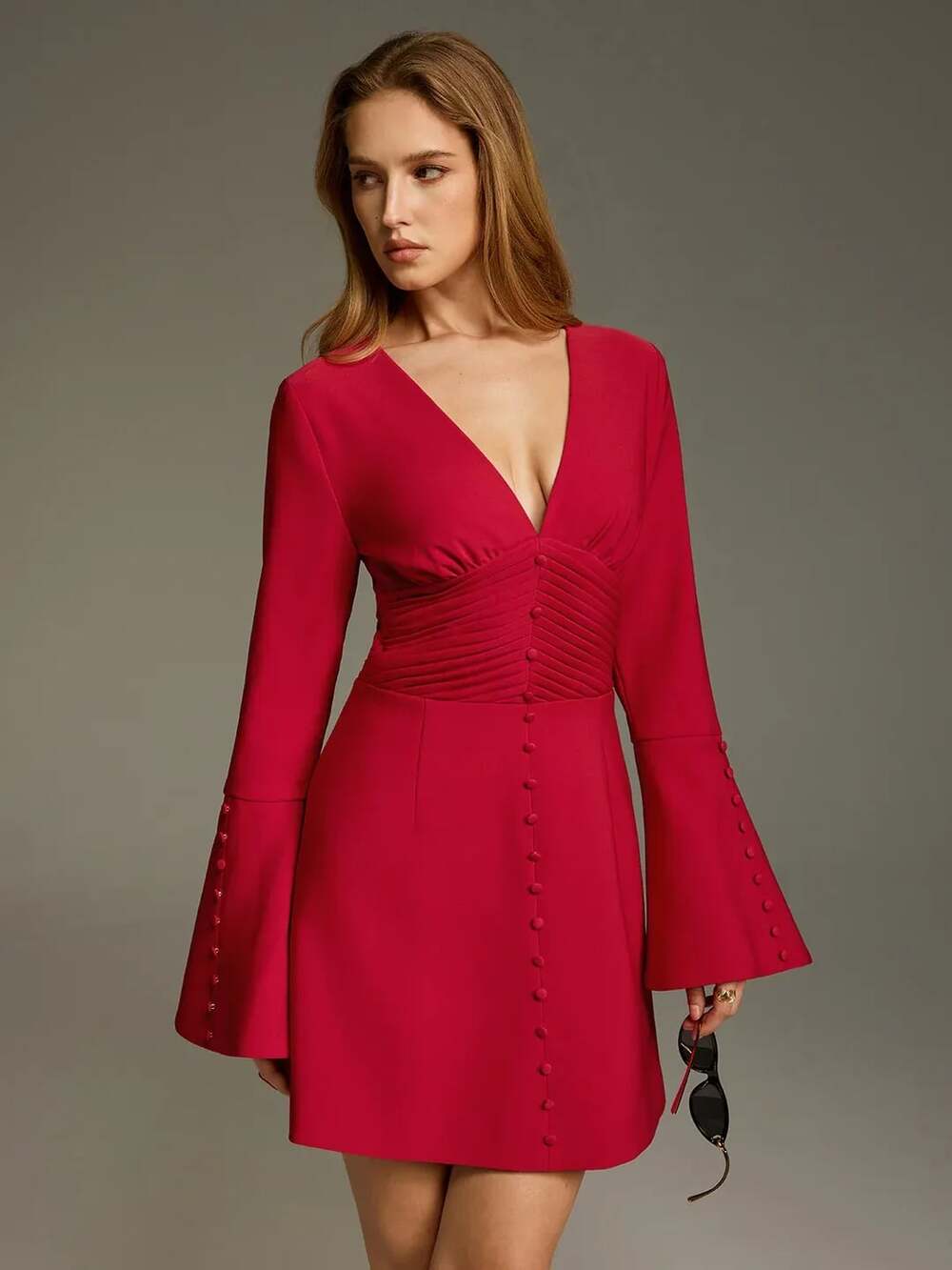 Commense Red Deep V Ruched Bell-Sleeve Mini Dress - Picture 2 of 8